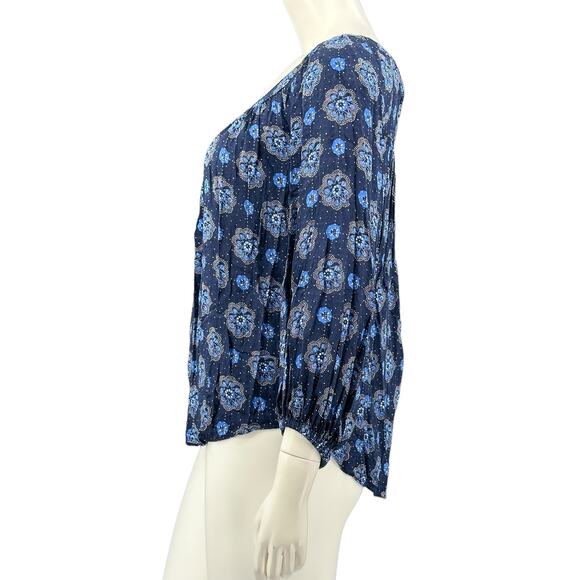 Maeve Anthropologie Top Womens 2 Blue Boswell Dark Floral V-Neck Peasant Boho - Picture 4 of 9